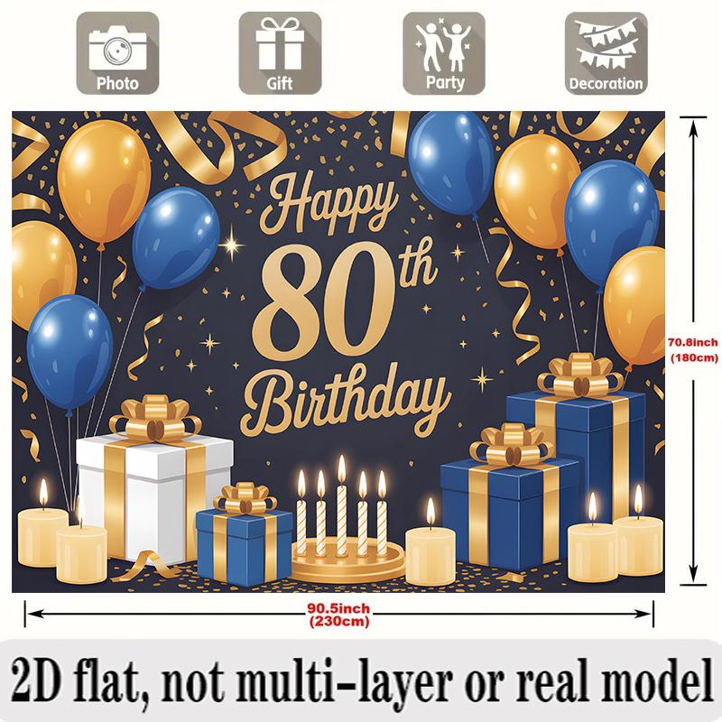 Party Backdrop 80Th Birthday Blue Elegant Flat Banners Golden Balloons Boxes Candles Photo Booth Decor Front Door Decor
