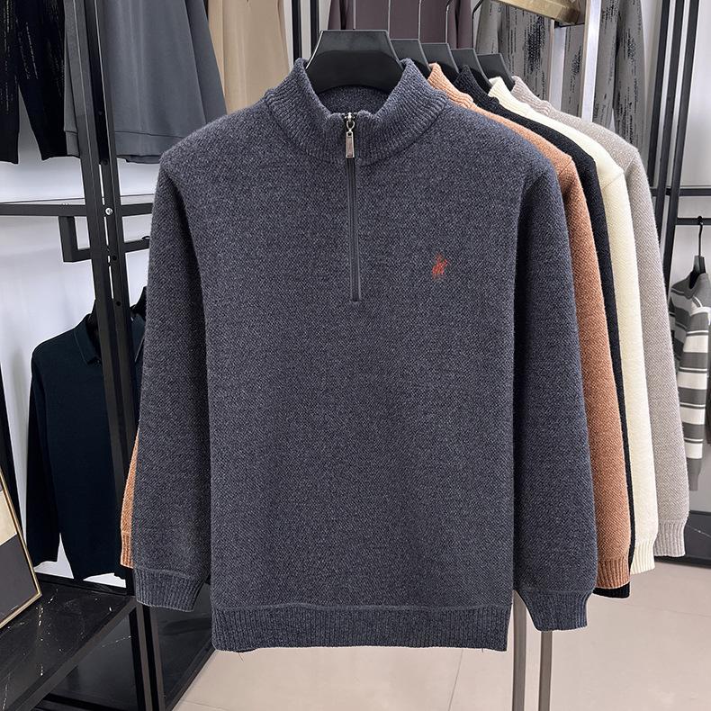 Men's Winter Embroidered Pony Logo Fleece Sweater - Semi-High Neck, Thick Knit