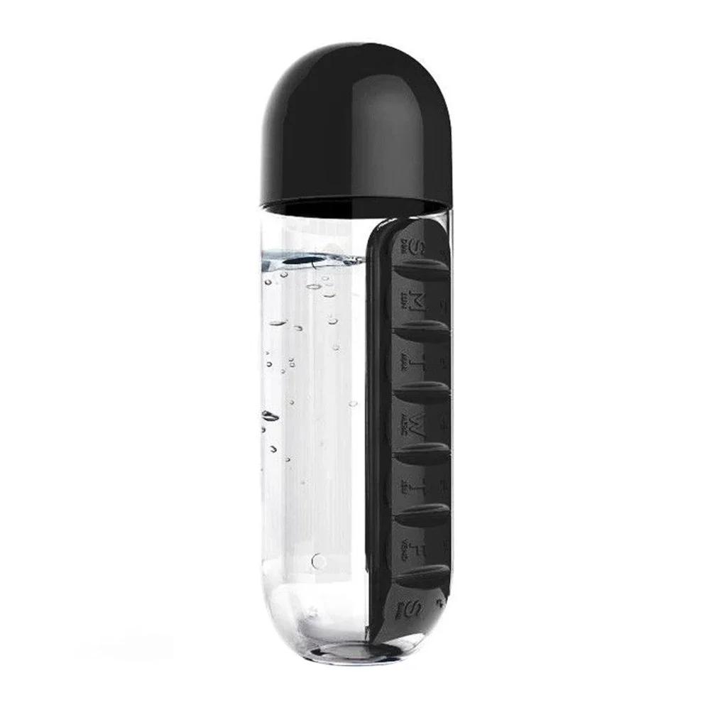 2-in-1 600ml Water Cup Sports Plastic Water Bottle Combine Daily Pill Boxes Organizer Drinking Bottles With 7 Grids Medicine Box