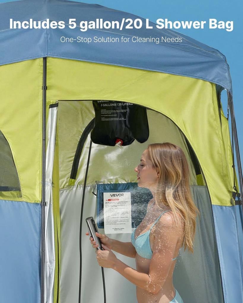 Camping Shower Tent, 2-Room Portable Privacy Tent Changing Room with Shower Bag, Ground Stakes, Ropes, Carry Bag, and Support Poles, 150D Oxford
