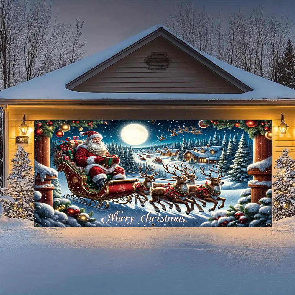 Bannière de porte 2D 1 bannière festive du Père Noël et de son traîneau tiré par des rennes - polyester durable Décoration de Noël