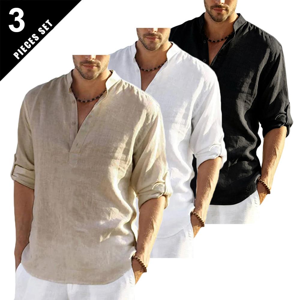 Heren 3-delige Verpakking Mandarijnkraag Linnen Henley Shirts Lange Mouw Halve Knopen Losse Pasvorm Ademend Casual Vakantie Strand Basis Tops