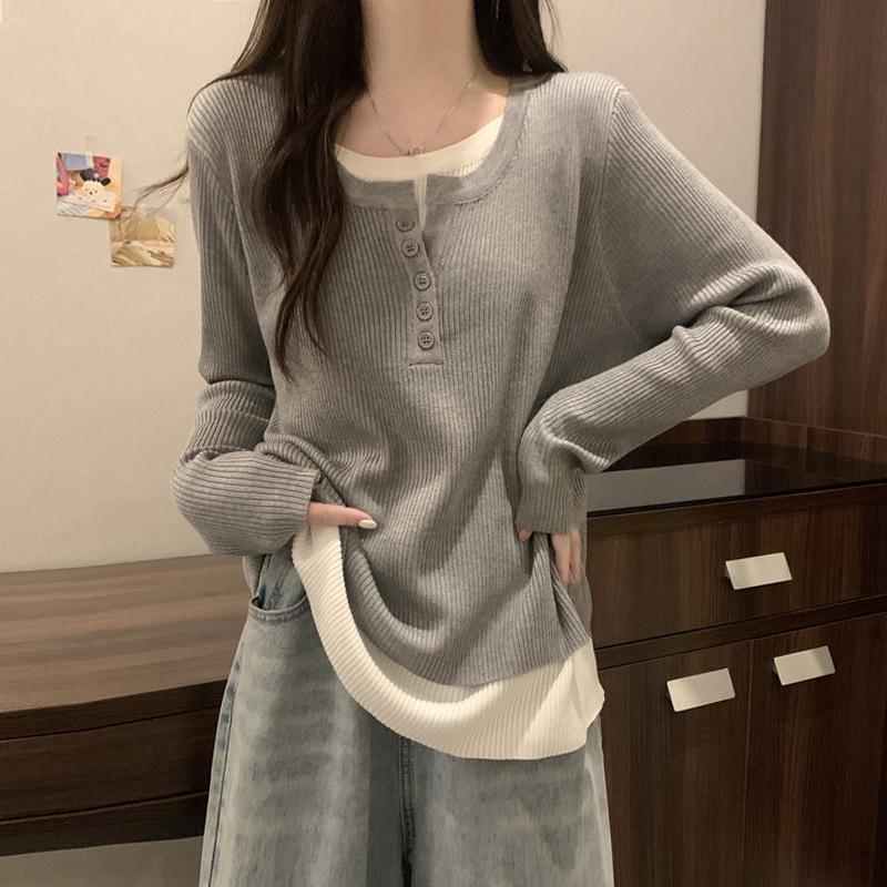 

Plus Size Women s Fake Two-Piece Sweater: Cover Belly Knitwear - Autumn Winter Slimming Long Sleeve 4XL (180-200 lbs recommended)