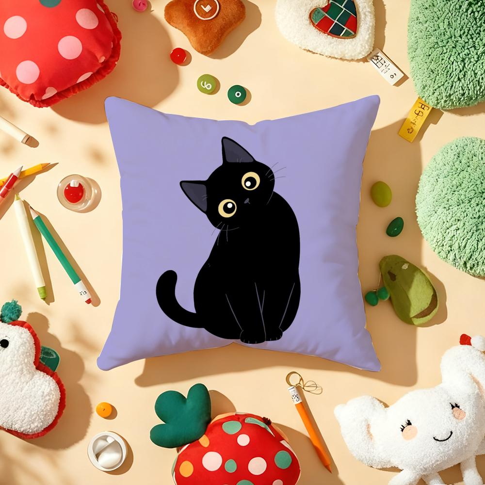 Little Black Cat Cushion Cover Soft Short Plush DoubleSided Printing Home Decor Machine Washable Pillow Case Gift