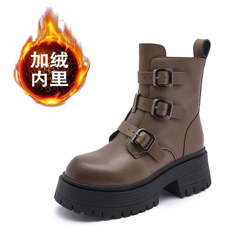 Leather Martin Boots Women's 2025 New Winter Fleece Warm Thick-soled Medium Boots Black Retro Versatile Short Boots