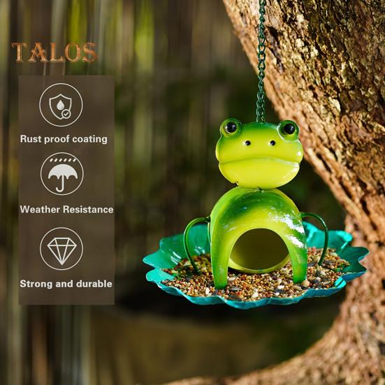 Frog Birds Feeder with Detachable Lotus Platform Tray Outside Hanging Metal Birds Feeding Station Outdoor Garden Yard Decoration