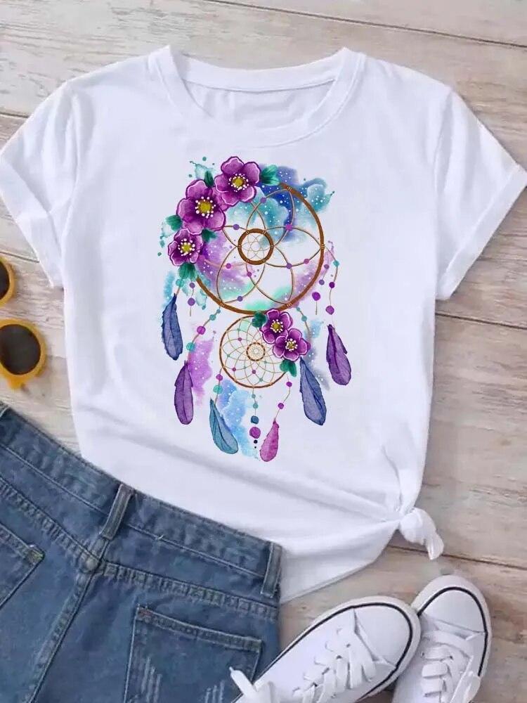 Women's Pattern Short Sleeve T-Shirt Women's Summer Clothing Feather 90S Fashion Women's University T-Shirt