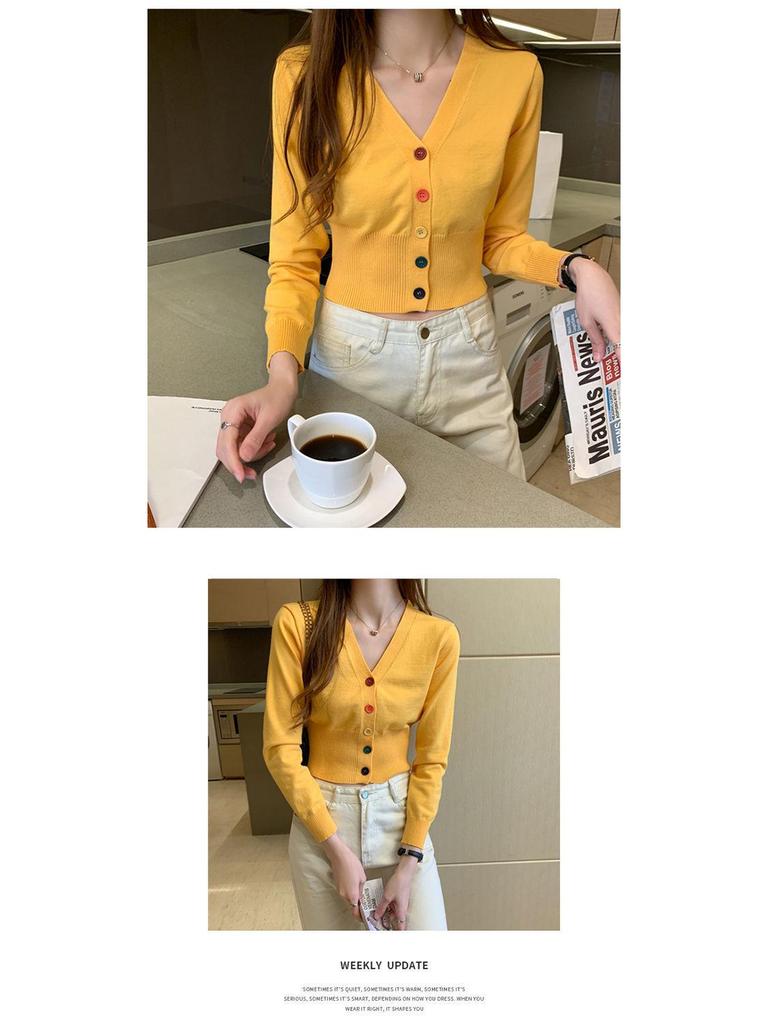 Women's Long Sleeve Slim Knit Cardigan with Colorful Buttons