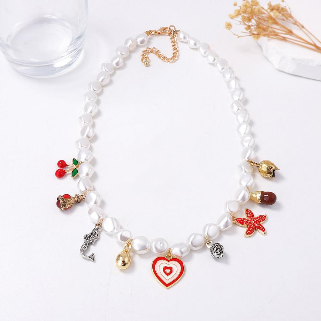 Baroque simple and fashionable imitation pearl alloy dripping oil love heart cherry and other multi-pendant necklace