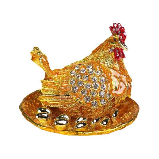 Rhinestone Chick Figurine Metal Simulated Hen Key Trinkets Jewelry Box Container Holder Home Office Desktop Decoration Ornament