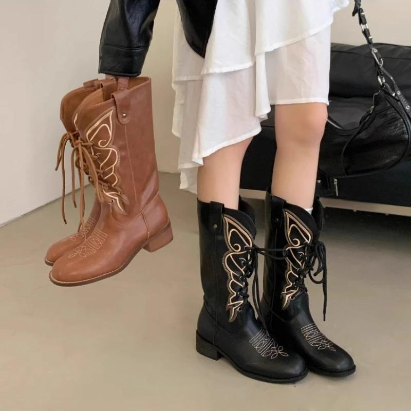 Embroidered Lace-up Front Block Heel Single Shoes Autumn New Round Toe Soft Sole Non-slip Wear-resistant Low Heel Shoes