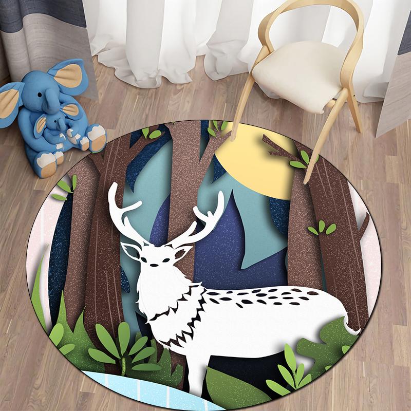 Floor Mat Living Room Rug Children's Crawling Play Area Mat Anime Carpet Door Mat Forest Fawn Round Rug