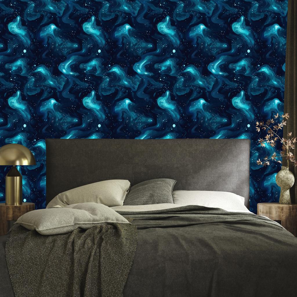 Watercolor Galaxy Wallpaper Navy Blue and Turquoise, Soft Forms 50x1000