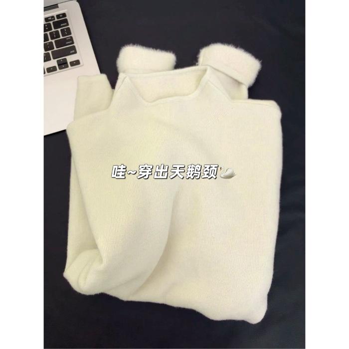 [Integrated fleece] Autumn and winter semi-turtleneck fleece thickened sweater women's warm inner with solid color shirt ins