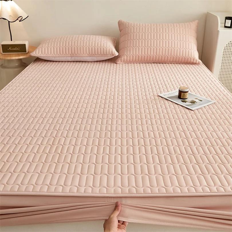 1 PC Waterproof Bedcover Fitted Sheet Bed Mattress Cover Thickened Quilted Soft Comfortable Breathable Solid Color Bedding Mattress Cover