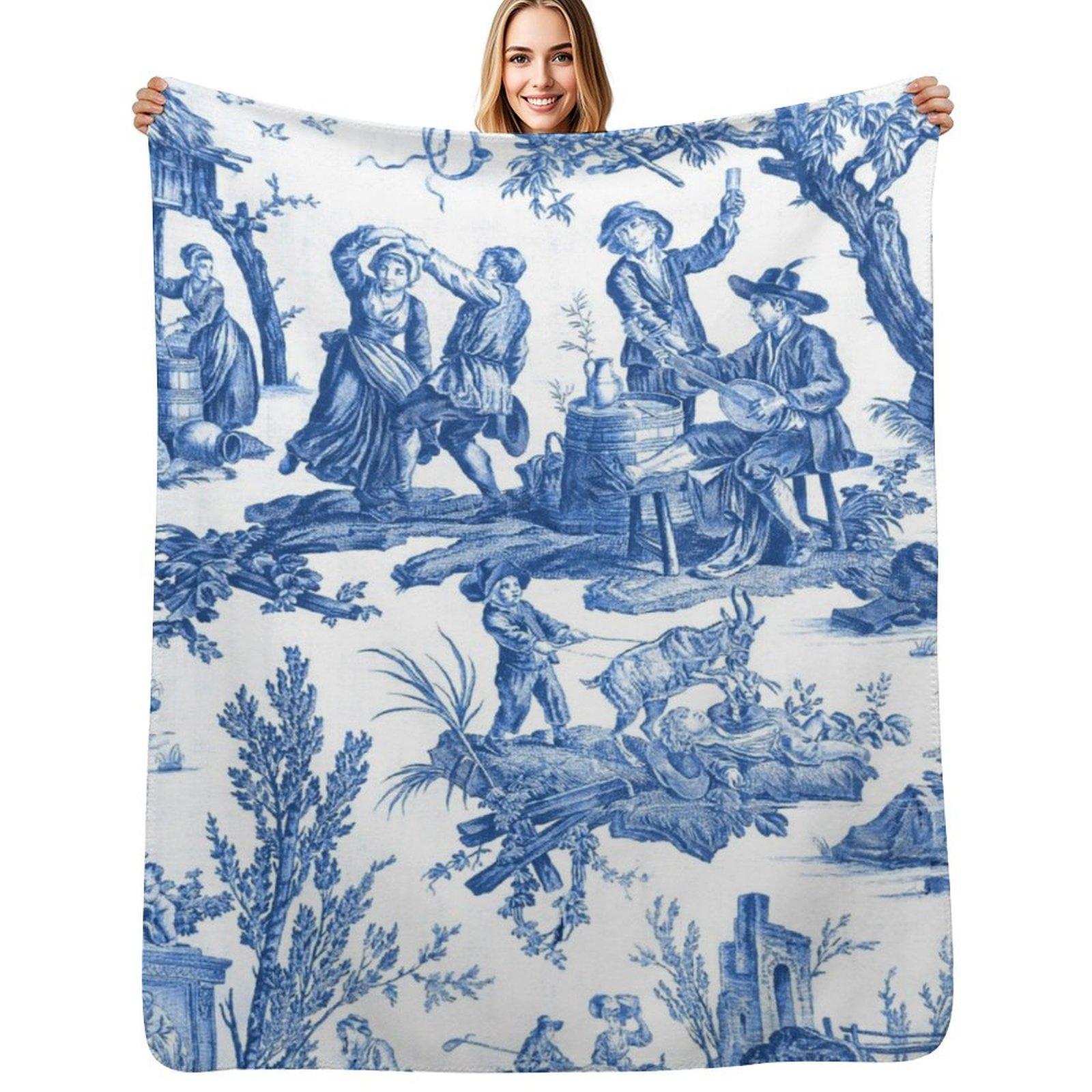 Blue and White Toile de Jouy Throw Blanket Cozy Warm Blanket for Bed Room Decor Size: 75*100cm, Weight: 230 GSM