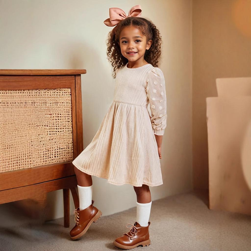 Mädchen Rundhals Langarm Puffärmel Mode Lässig Strickkleid Süßes Kleid für Kinder