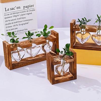 Herzförmige Glas-Pflanzgefäße mit Holzständer – Hydroponische Vasen für Heimdekoration