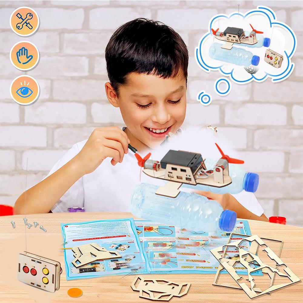 DIY Remote Control Wind Ship Model Wooden Assembling Electric Wind Powered Boat Science Experiment Kit Kids STEM Educational Toy