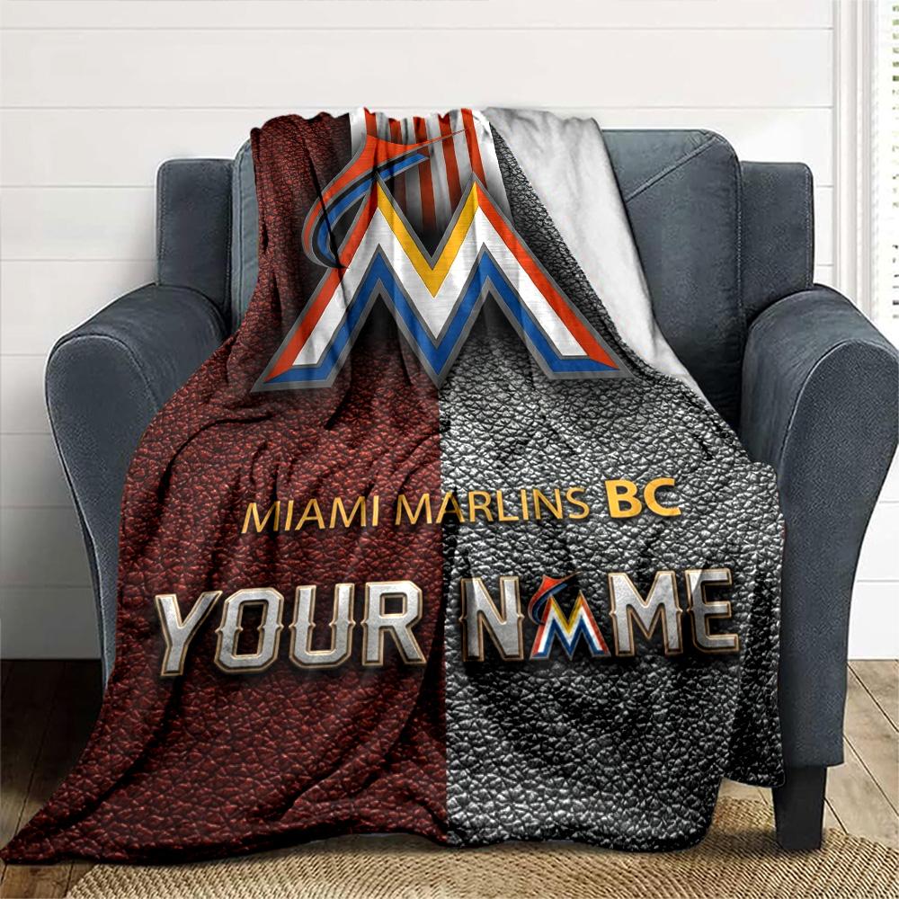 Name Custom Miami Marlins Print Flannel Blanket High Quality Warm Comfortable Cover for All Seasons Perfect for Gifts Home Decor