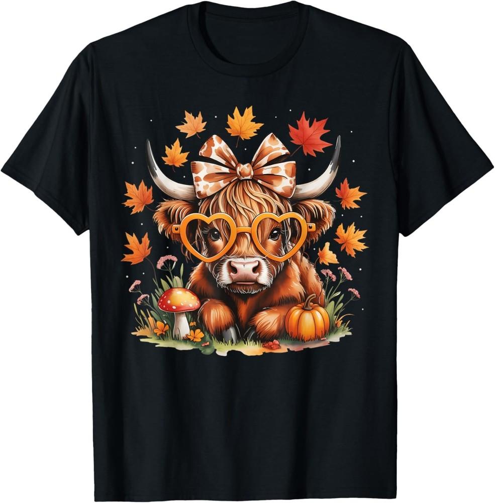 Fall Highland Cow Pumpkin Bow ThanksGiving Fall Girl Women T-Shirt