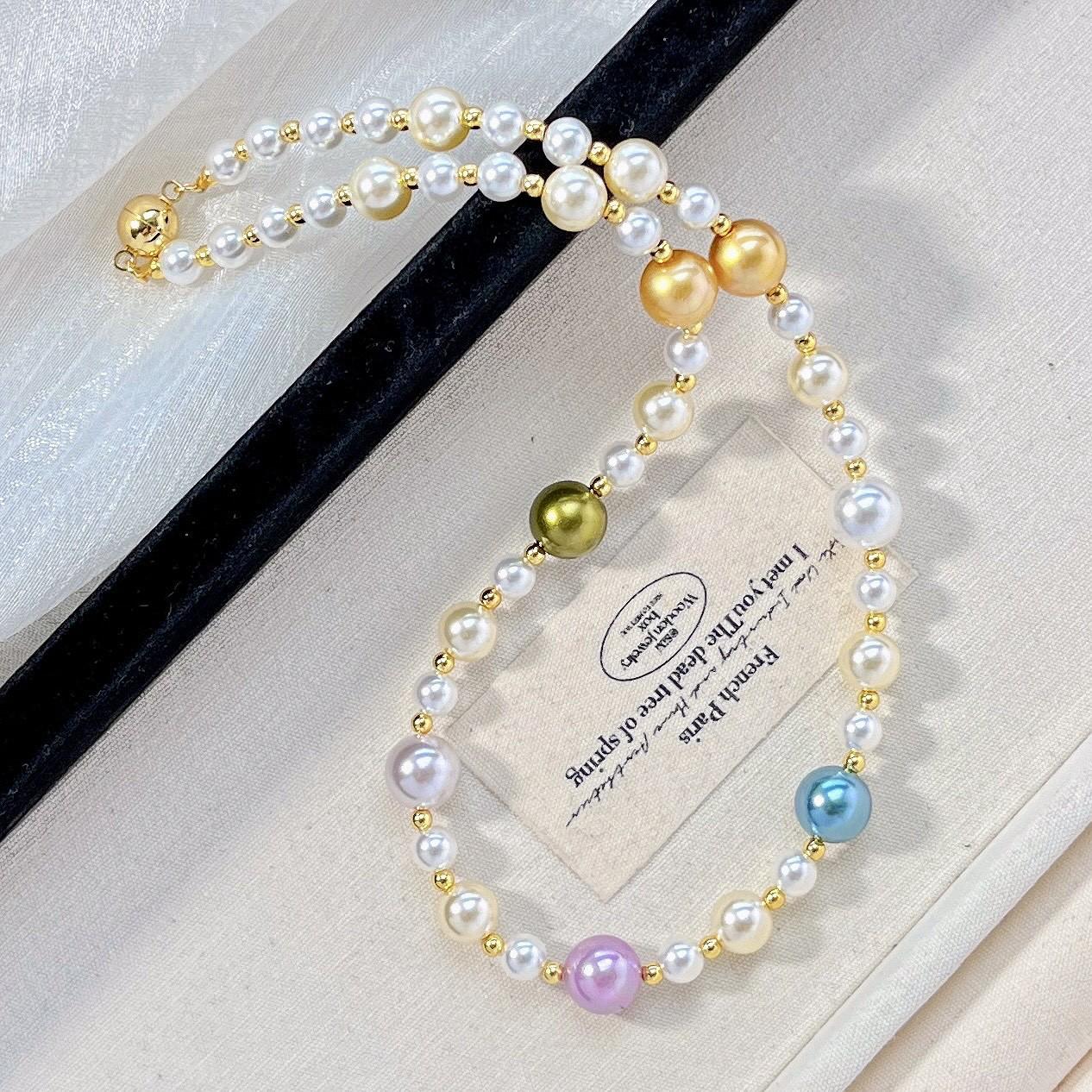 

10Mm High Quality Mermaid Jinong Gold Mixed Color Artificial Crystal Pearl Necklace Collarbone Chain