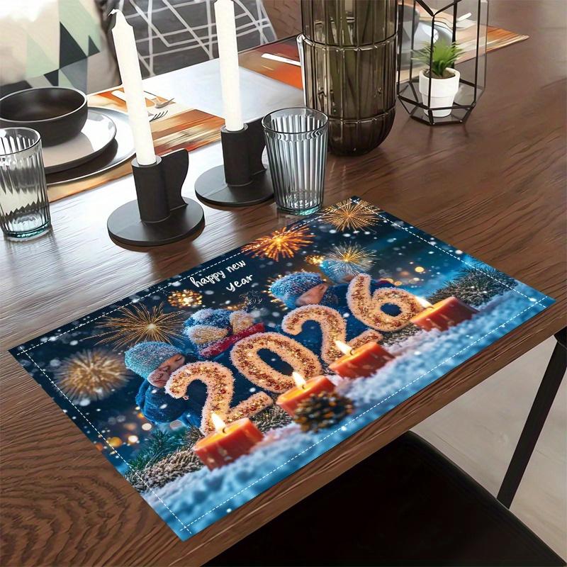 6PC Flat Printing Placemat Wishing You A Bright and Cheerful New Year 2026 Daily Dining Decoration Party Tableware