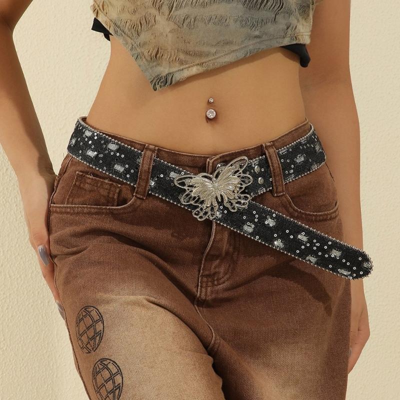 Punk PU Waist Belt for Jean Heavy Duty Hip Hop Belt Waistband Glinting Buckle with Encrusted Butterfly