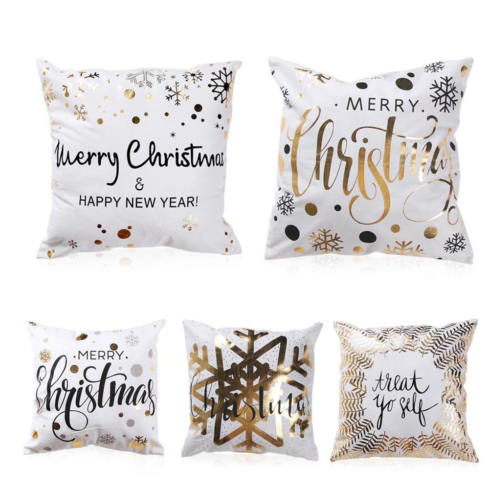 Hot Bronzing Soft Sofa Waist Square Pillowcase Cushion Cover Gold Print Merry Christmas