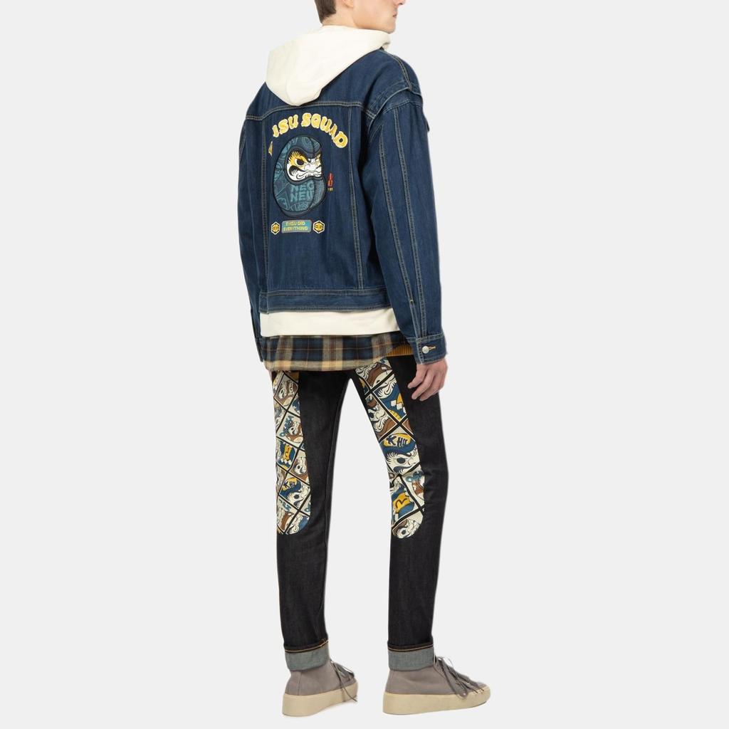 Evisu Daruma Lederetikett Zweiteiliger Look Kapuze Denimjacke Herrenjacken Blau 2EAHTM2DJ723LFCT