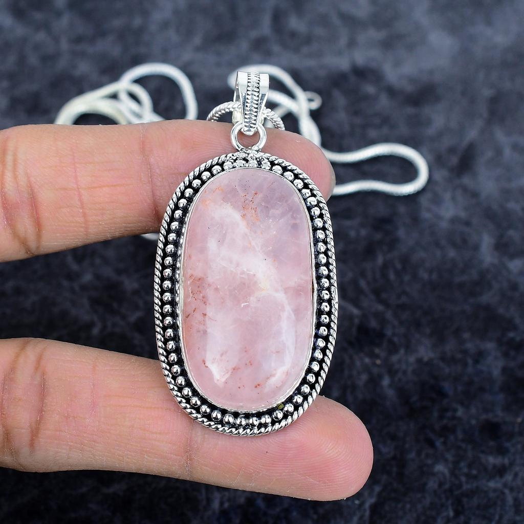 Rose Quartz Gemstone Handmade 925 Sterling Silver Jewelry Pendant 2.44" M-2915