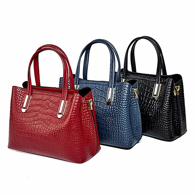 Burminsa Crocodile Pattern Genuine Leather Tote Handbags for Women Trend Designer Big Office Ladies Shoulder Crossbody Bags
