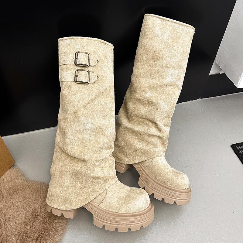 

Niche autumn and winter boots Martin boots women s leather boots fashion British style thick-soled trouser boots versatile knight boots 40 бежевый