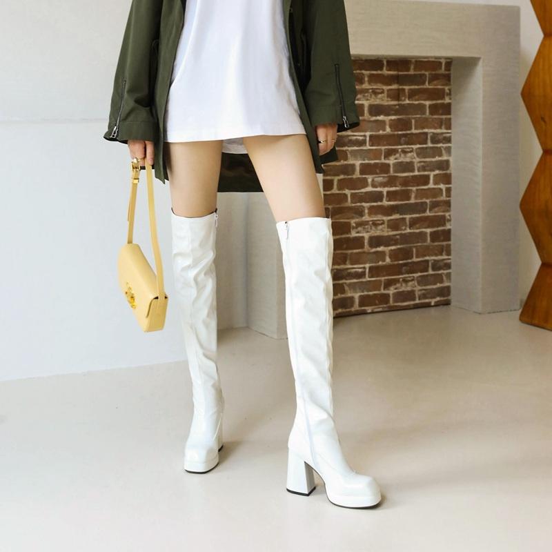 Sexiga lårhöga stövlar för kvinnor Sexiga Patentfetisch festskor Damklackar över knäet Stövlar Röd Svart Röd Vinter Lång Sko