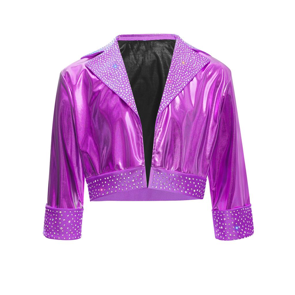 Mädchen Reverskragen Langarm Glänzende Strasssteine Metallische Jacke Jazz Dance Oberbekleidung