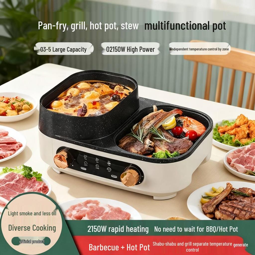 2-in-1 Electric Grill & Hot Pot: Multi-functional BBQ Griddle & Hot Pot Combo for Home Use