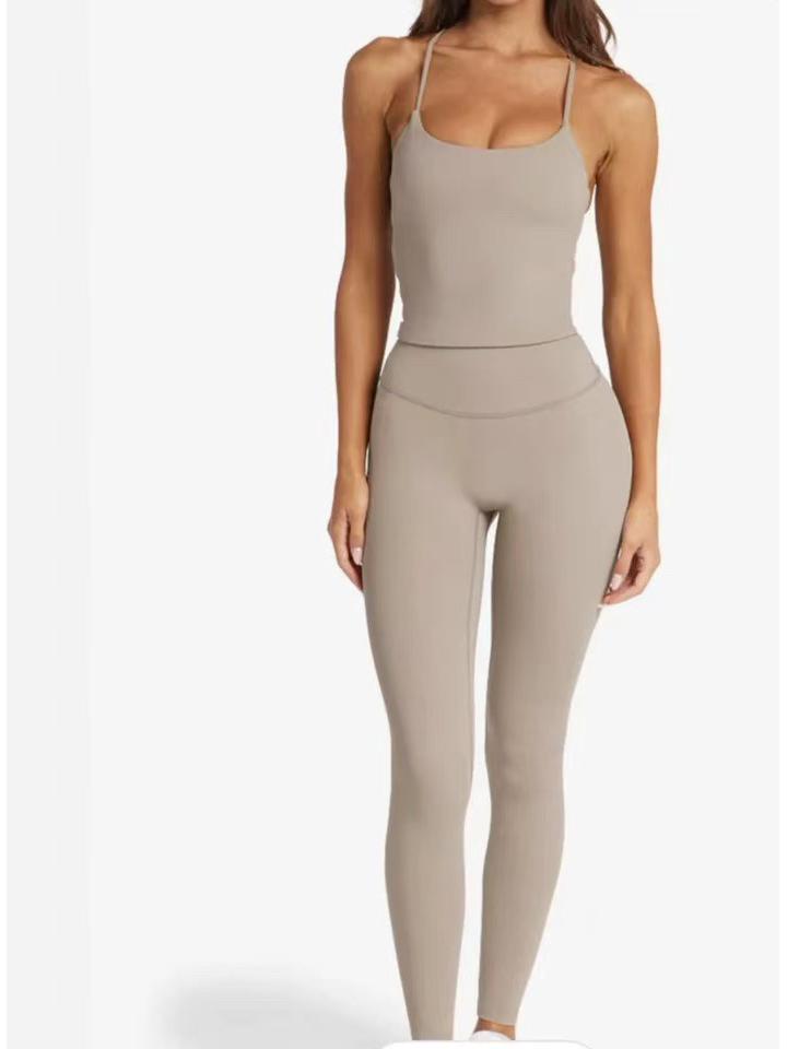 European & American Nude Feel Strap Yoga Set: Tummy Control & Hip Lift Cami with Tight-Fit Sports Pants