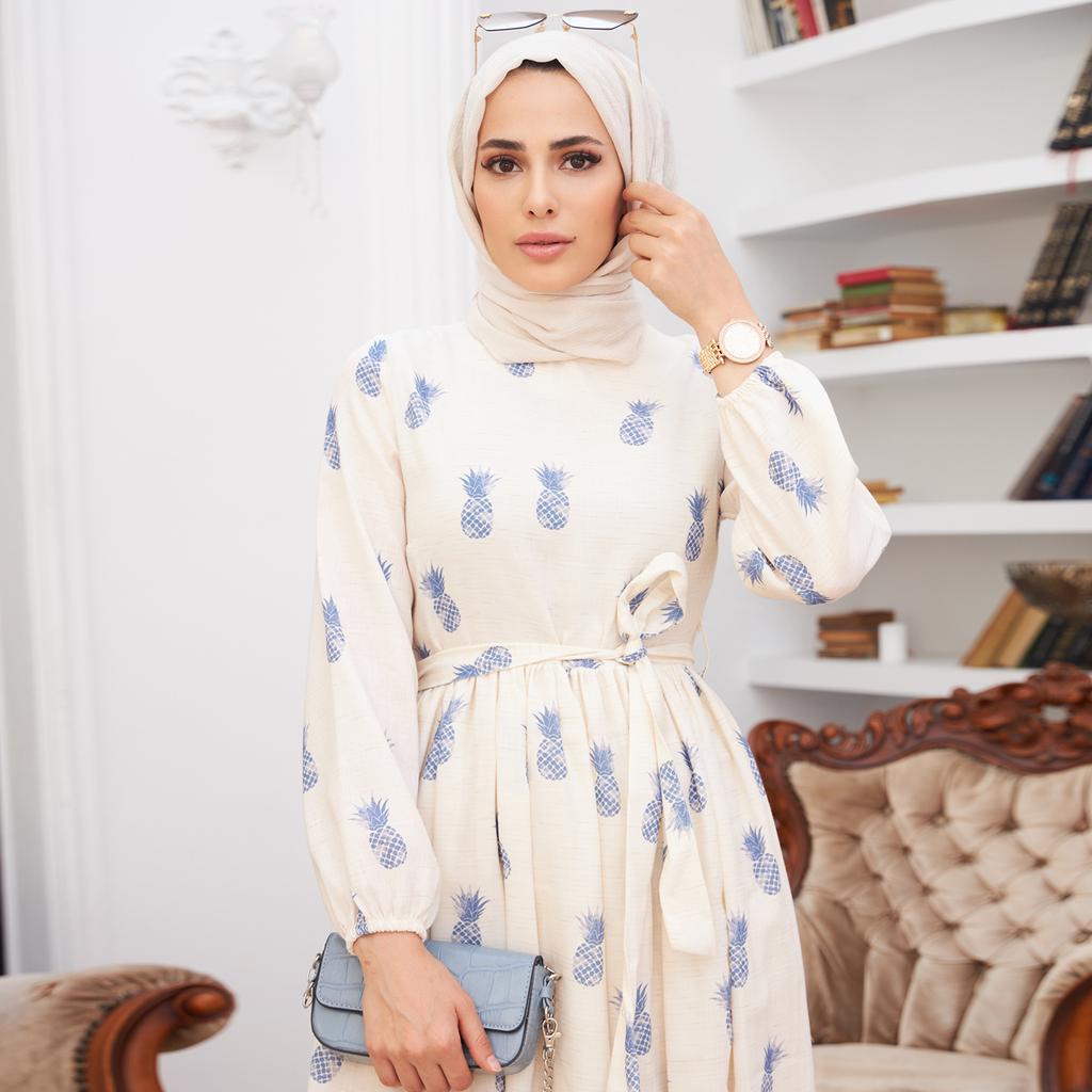 Ananas Wzorzyste Kobiety Sukienka Opasana Połowa Podszyta Zapinana Na Zamek Islamski Muzułmański Nowy Sezon Letni Model Tkanina Lniana Made in Turcji