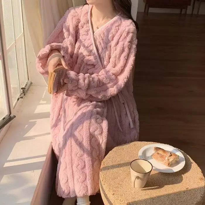 Woman Winter Loungewear Thick Fleece Robe Girls Long Warm Homewear Women Solid Soft Bathrobe Teen Comfortable Home Clothes Lady