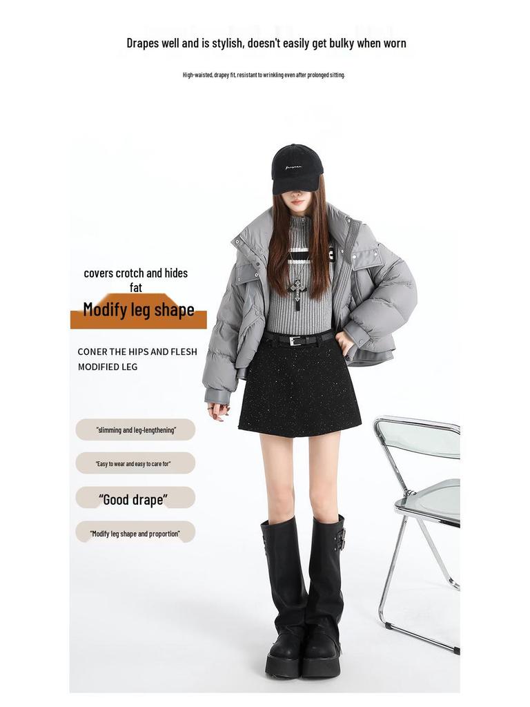 Women's High-Waist Sequin Wool-Blend A-Line Skort: Autumn/Winter 2025 Slimming Side-Slit Hip-Hugging Fashion