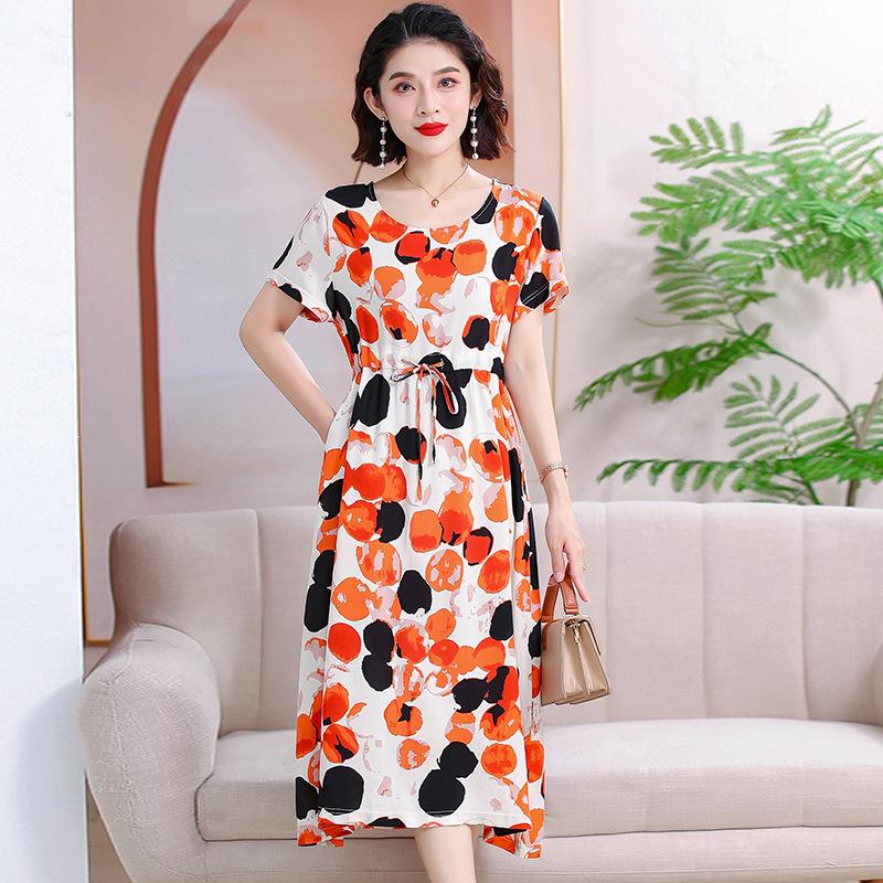 Elegant Floral Summer Dress for Women - Mid-Length, Loose Fit, Plus Size, Tummy Concealing, Cotton Silk Blend
