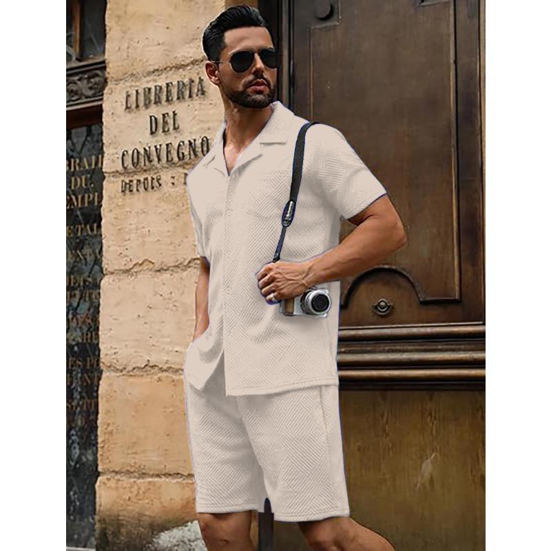 

Летний карманный повседневный текстурный пляжный трикотажный свитер с коротким рукавом на пуговицах и шорты 3XL