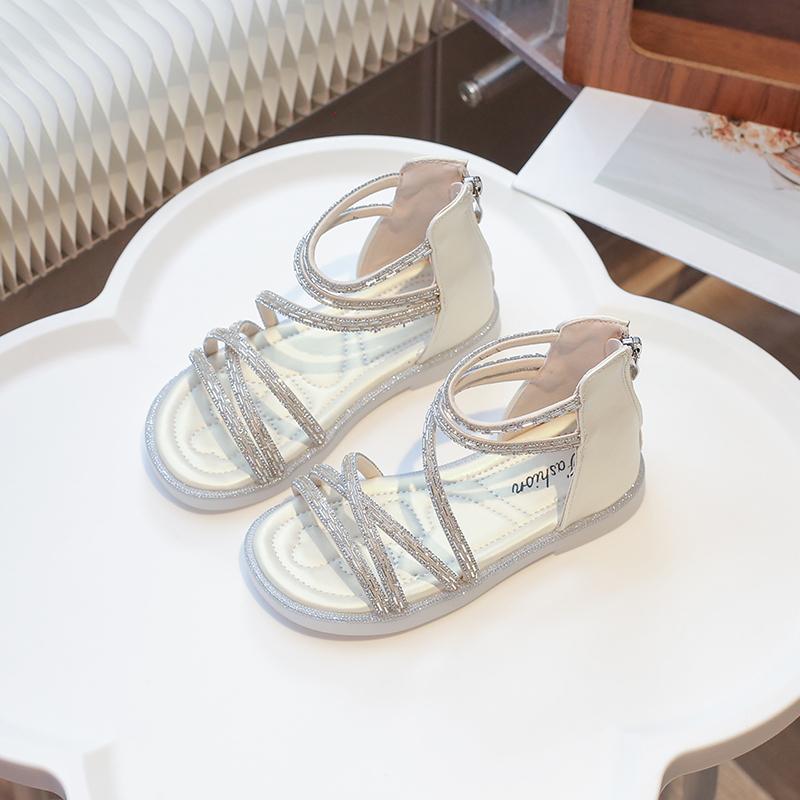 

Girls Sandals with Back Zipper Kids Princess Shoes for Summer Elegant Ins Trendy 2025 New Girls Roman Shoes Non-slip Soft Sole 26 бежевый