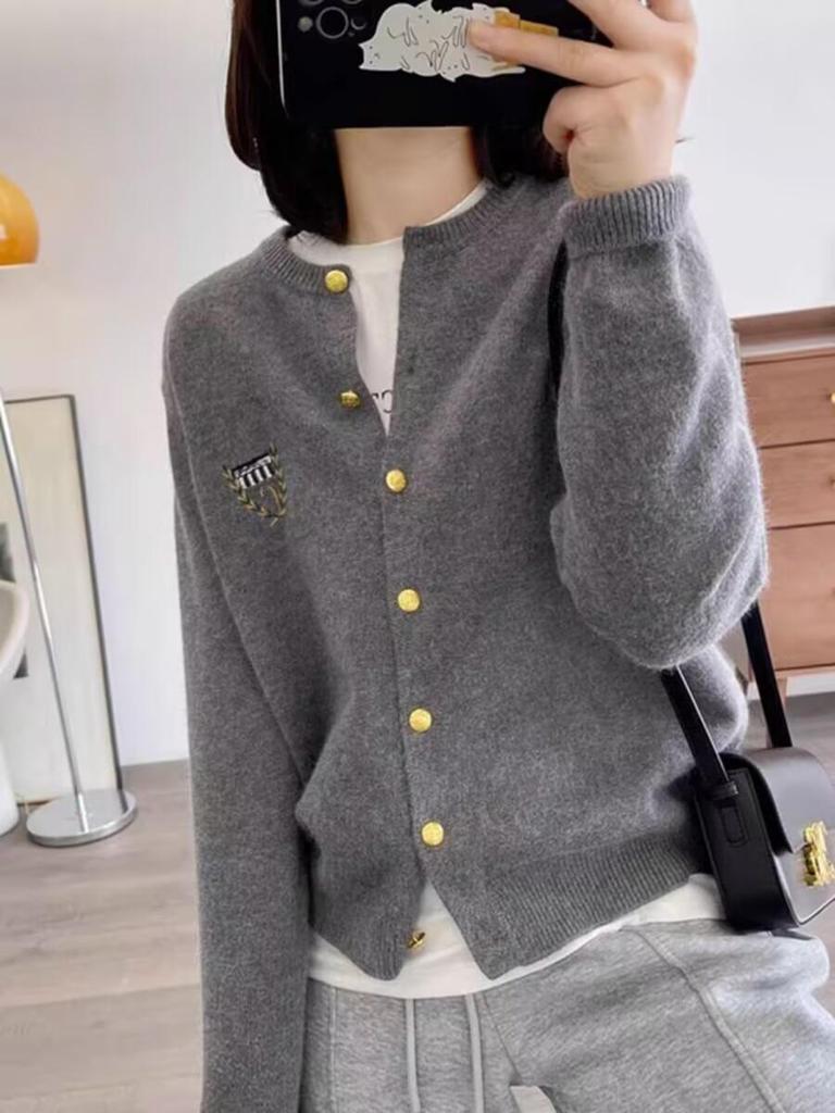 Women's 100% Wool Embroidered Badge Cardigan - New for Early Spring 2025, Soft Round Neck, Thin Knit Sweater.
