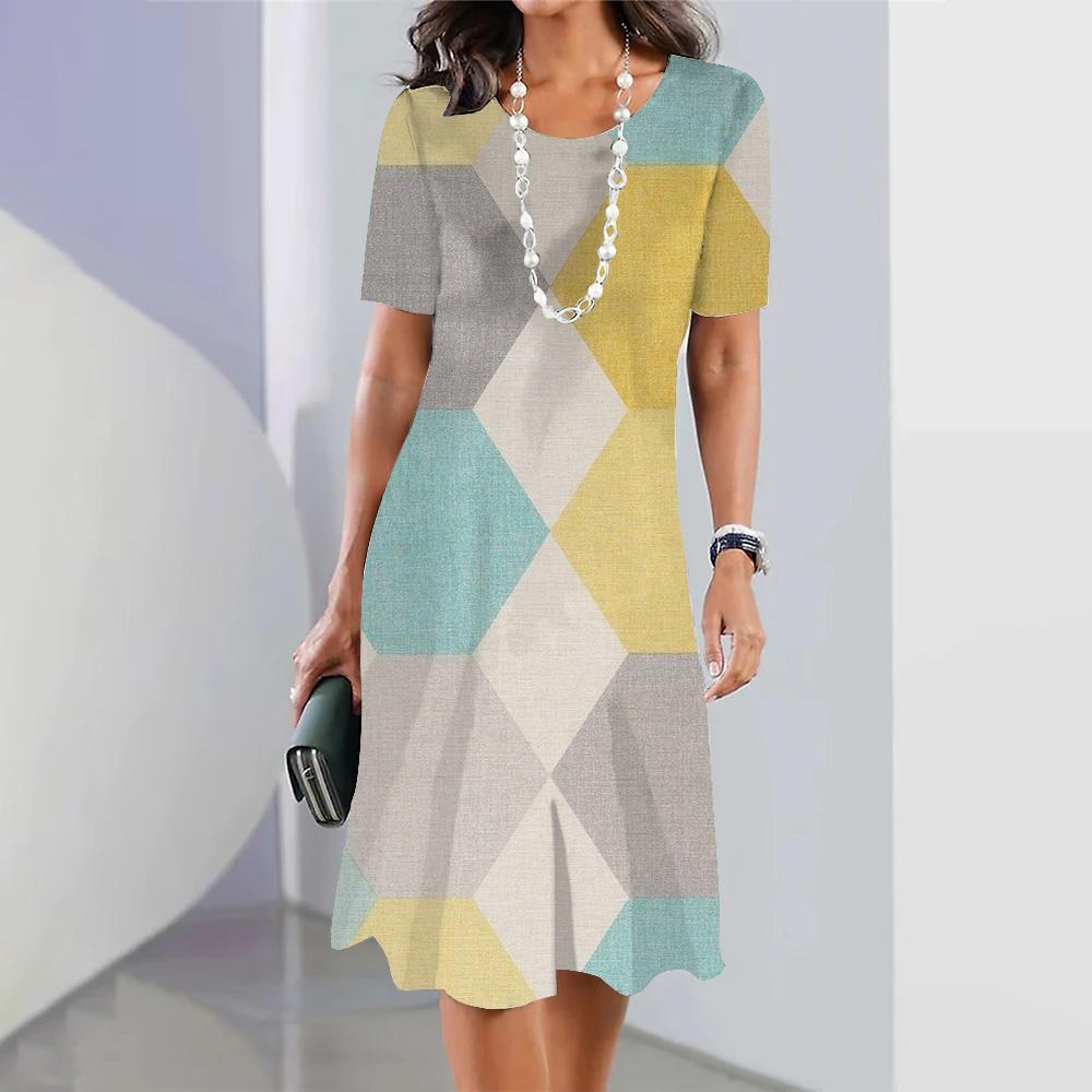 Summer Women's Long Dress Round Neck Long Dress Female Dress Vacation Beach Casual Short Sleeve Elegant Loose Dress