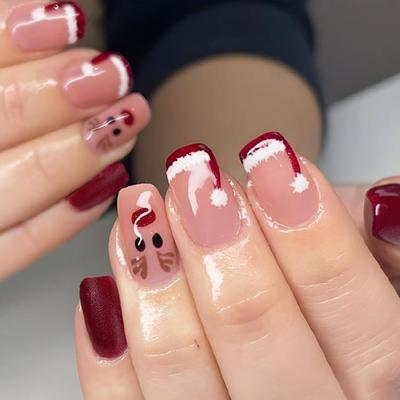 24 Pezzi Unghie Quadrate di Natale Renne Cappello di Babbo Natale French Tip Decorazione Nail Art Manicure per Donne e Ragazze