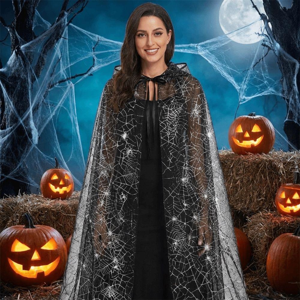 Lehký Halloweenský Plášť s Kapucí Černý Dlouhý Plášť Čarodějnice Cosplay Pavučinová Síťovina Svetr Kostým