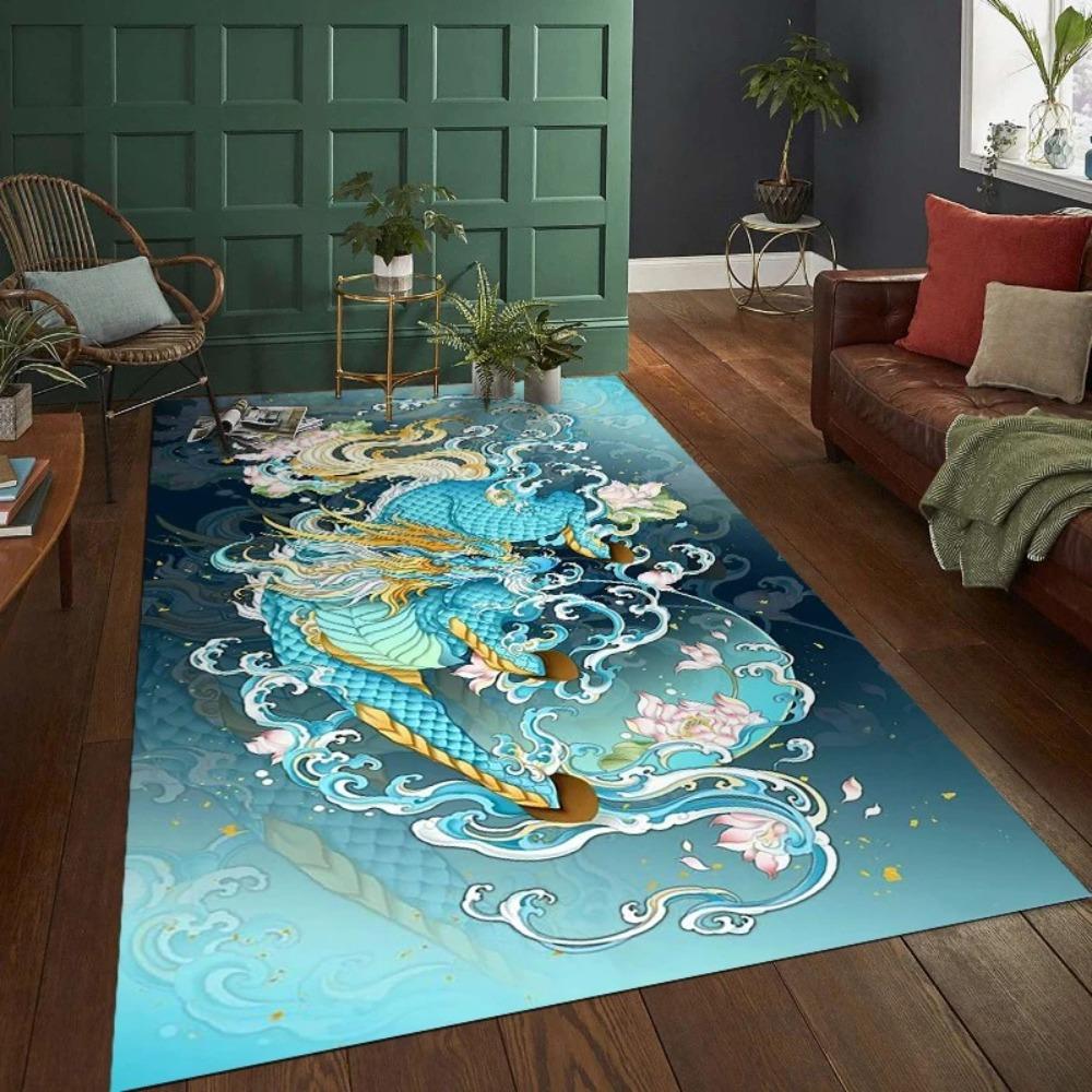Mythical Beast Carpet Mat Rug Dragon Phoenix Home Decoration Living Room Art Floor Mat with Golden Architecture Flaming Pattern