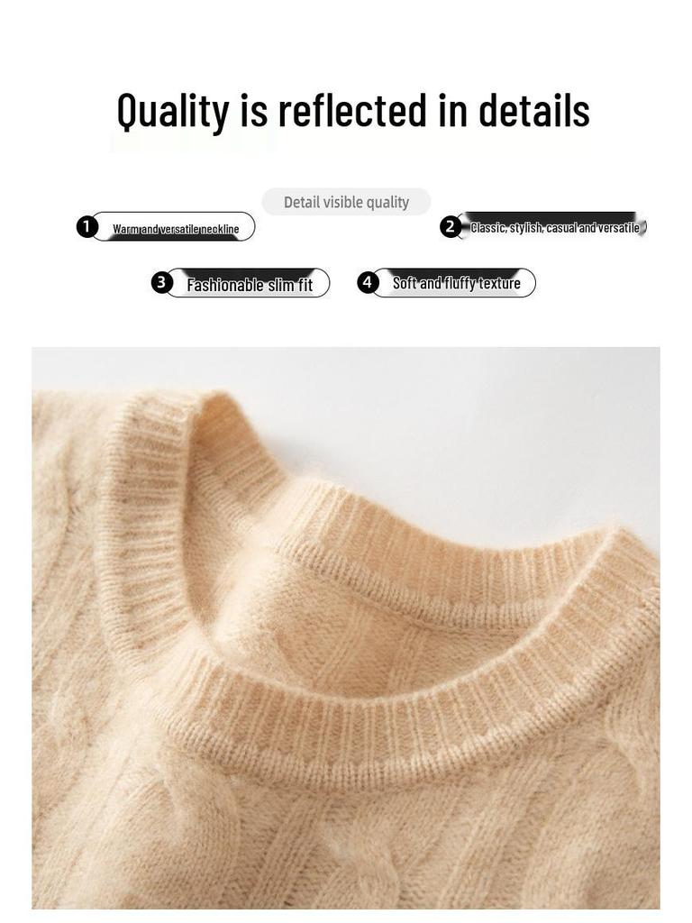 Men's Vintage Cable Knit 100% Pure Cashmere Sweater - Heavyweight, Crew Neck, Light Luxury Texture