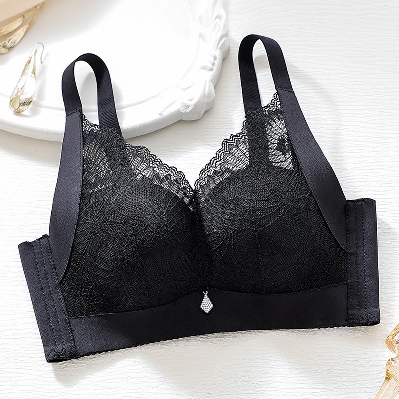 

New high-end lace soft breast adjustment bra cover gathers steel-free mulberry silk 40/90ab through cup чорний